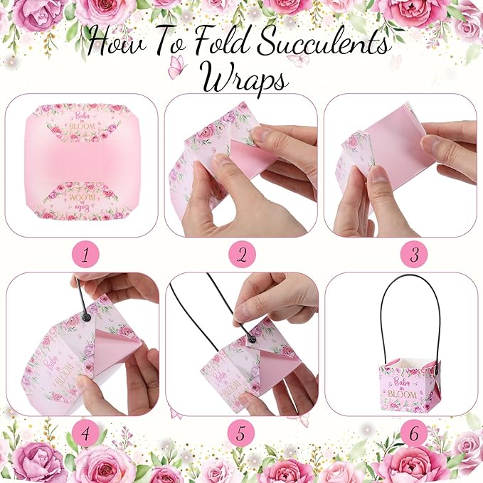 Soaoo 60 Pcs Succulent Baby Shower Favors Bulk Grow Succulents Wrap Bags with Handles Baby in Bloom Plants Paper Pots Gift Boxes Decorations Supplies Plants not Included Fits 2 Inch Pots(Pink Flower)