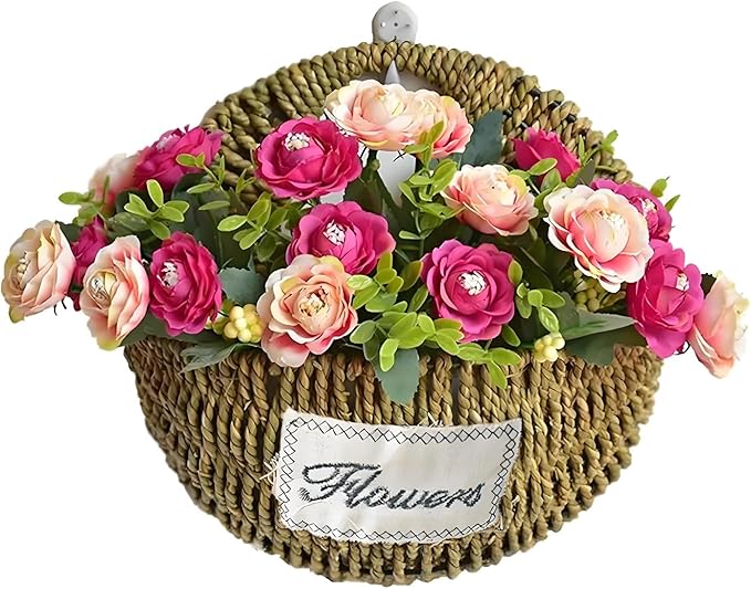 Hand-Woven Seagrass Wall Hanging Basket, Boho Half-Moon Hanging Planter with "Flowers" Label, Rustic Wall Mounted Storage Basket for Plants, Keys, Small Decor (Natural Seagrass)