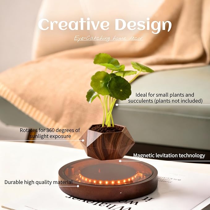 MOOCCI Levitating Plant Pot with Light, Magnetic Floating Flower Pot with Rotating and Auto-Spinning, Brown Wood Grain Planter for Succulents, Cool Desk Decor for Home Office, Unique Gift Idea