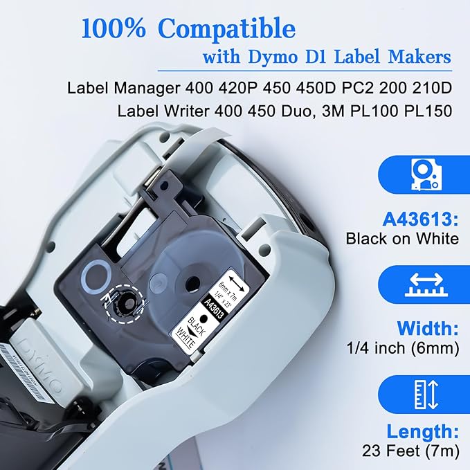 GREENCYCLE 3PK 6mm D1 Label Tape Compatible for Dymo Label Maker Refills 43613 S0720780 1/4 Inch Black on White for Dymo D1 Label Printers LabelManager PnP 160 210D 260P 360D 280 420P 450 Duo