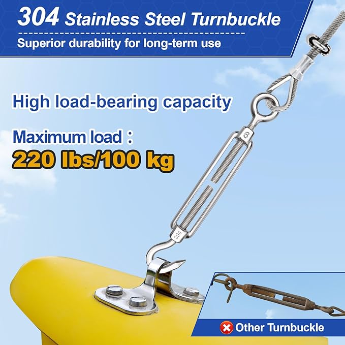 TooTaci 1/8" Wire Rope Kit, 100ft 304 Stainless Steel Cable 7×7 Strands, M6 Turnbuckles for Cables Wire, Aircraft Cable Heavy Duty with Turnbuckle Tensioner Kit for Strings Light Hanging