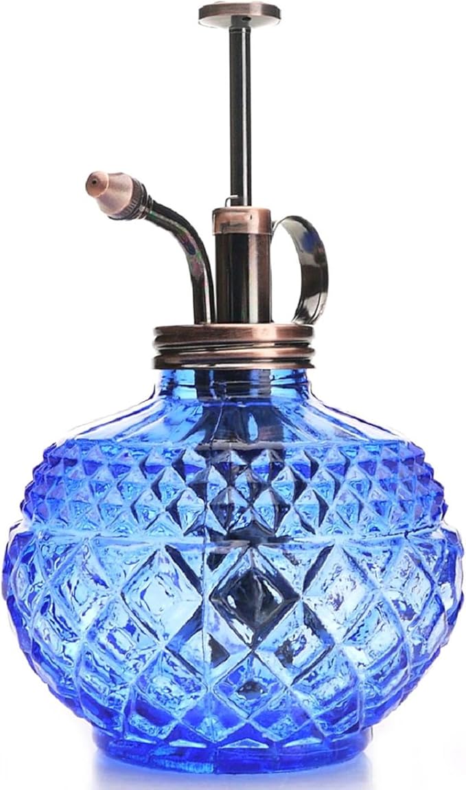 Plant Mister- Blue Color Glass Bottle & Brass Sprayer (Antique Copper)