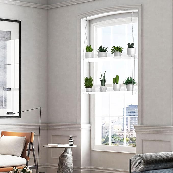 2-Pack Hanging Clear Plant Shelves for Windows, Acrylic Window Wall Plant Stand Shelf for Kitchen Indoor Gardens, Flower, Herb, Seedling Organization, and Pots Display, 16 Inch per Tier