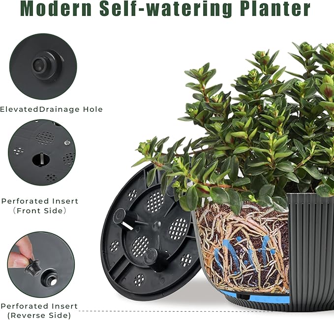 T4U 10 Inch Self Watering Pots for Indoor Plants, 2 Pack Large Plant Pots, Self Watering Planter for Indoor Plants, Durable Plastic Pots (2 Pack,10", Gray)