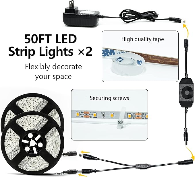 LED Strip Lights 100ft Dimmable 6000K Bright White Strip Lighting, 30M 1800 LEDs 2835 Flexible Ribbon Light, 12V LEDs Tape LED Lights for Bedroom,Kitchen, Home Decoration