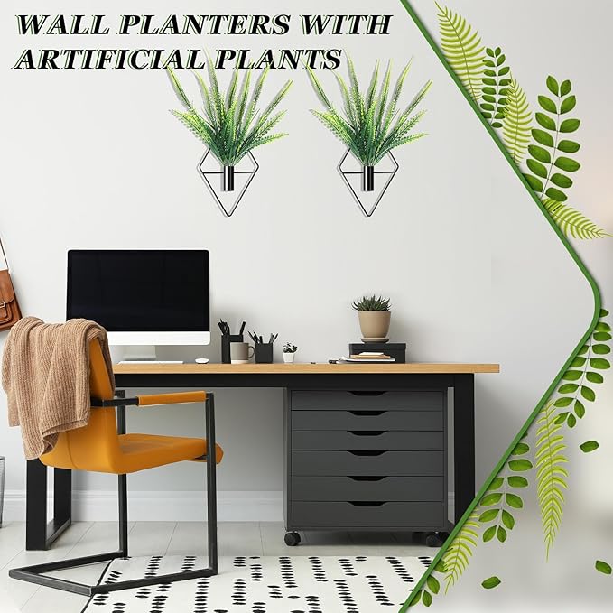 Canlierr 2 Pieces Black Wall Decor Hanging Planters with Artificial Plants Metal Hanging Vase Indoor Plants Holder Modern Geometric Wall Art for Bathroom Bedroom Living Room Decor(Boston Fern)