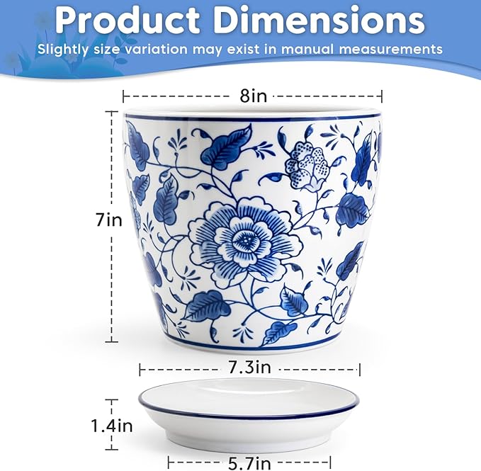 HakkaGirl 8 inch Ceramic Planters for Indoor Plants, Chinoiserie Decor Ceramic Pots for Plants Flower Plant Pots Indoor with Drainage and Saucer, Blue and White