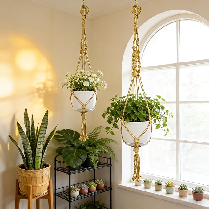 Nomylunota Macrame Plant Hanger with Boho Beads Handmade Hanging Planter Crochet Plant Holder(35.4 inches,2 Yellow)