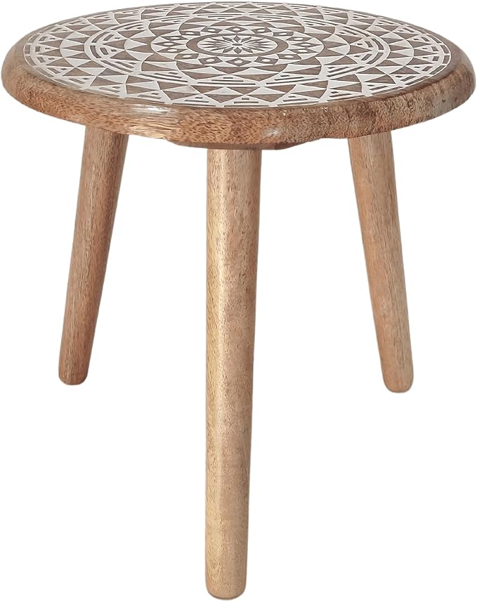 VANIYA CRAFTS® Wooden Engraved Fold-able Round End Table/Side Table/Plant Stand/Stool for Living Room Bedroom Restaurant Kids Play Furniture Table Round Shape (Natural White 5)