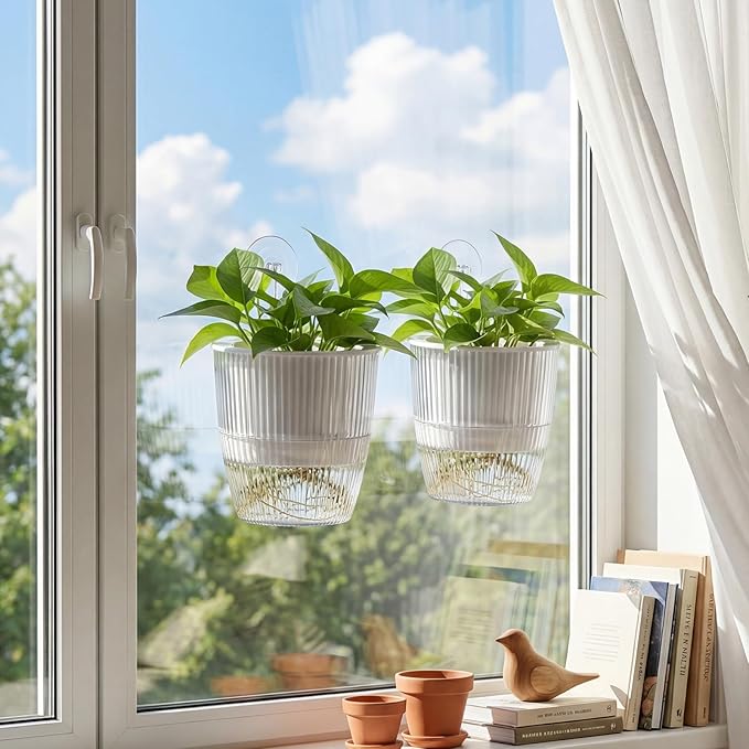 Hushee 4 Set Window Hanging Propagation Stations with Suction Cups Plastic Propagation Vases Propagated Plant Holder Wall Pots for Indoor Plants Office Home Garden Decoration Lover Gift (Clear)
