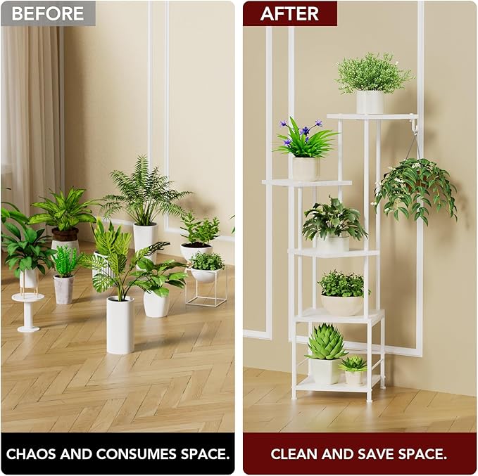 Homsorout Plant Stand Indoor with Grow Light, 5-Tiered Tall Plant Stand Indoor, Metal Plant Shelf with Hanging Basket Hook and Adjustable Light, Ideal for Living Room, Garden, Patio white