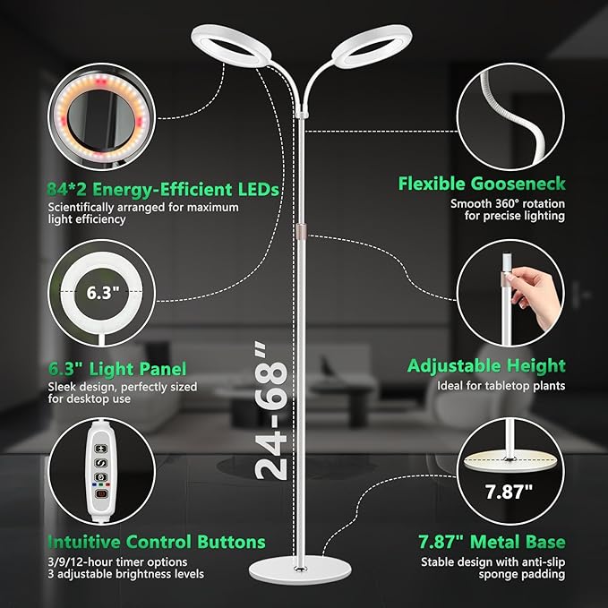 Floor Grow Lights for Indoor Full Spectrum Plant Lighting with Adjustable 67" Stand for Growing Large Tall Plants 3/9/12H Timer,3 Light Modes, 2Heads
