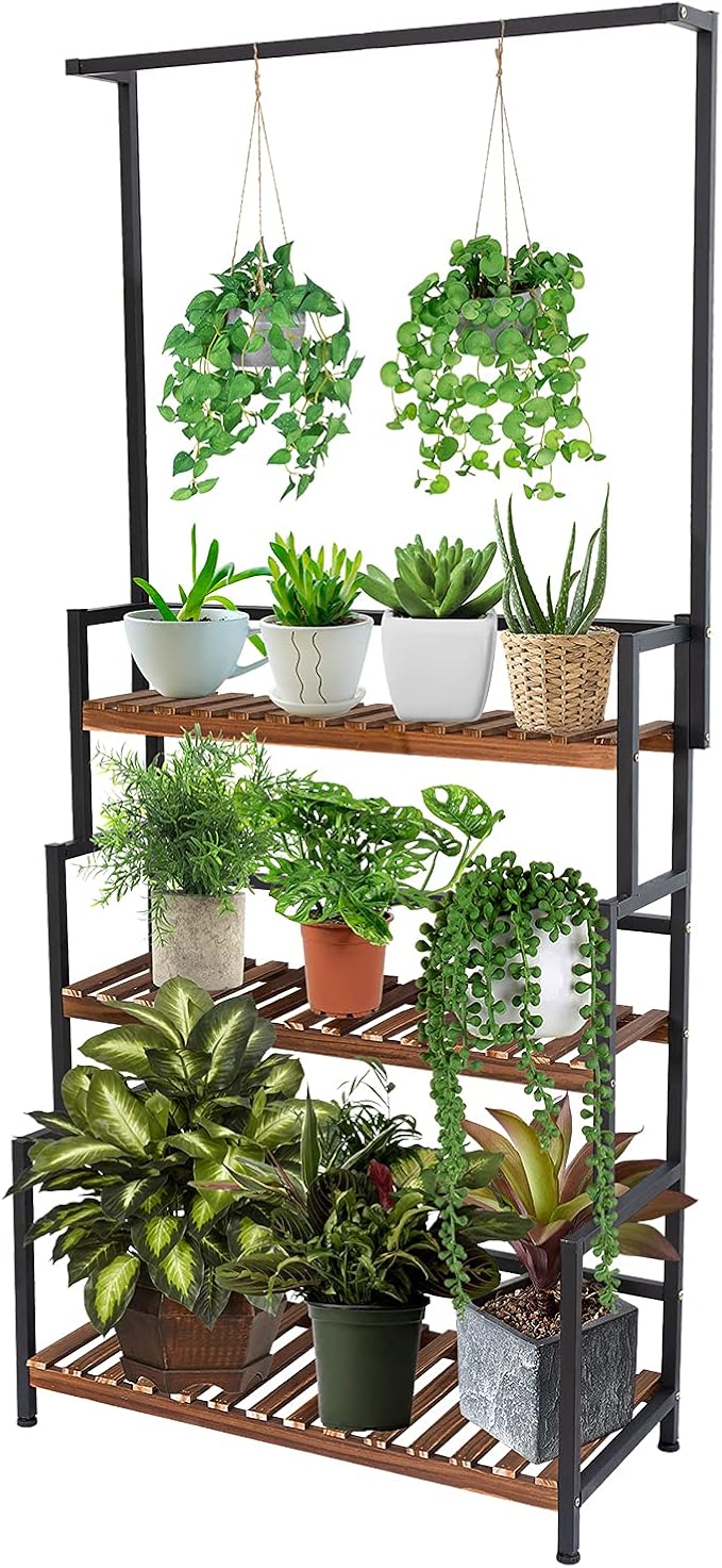 ULIKE Plant Stand Outdoor Indoor Hanging Plant Shelf for Multiple Plants 3 Tier Tall Plant Stand Wood Rack with Metal Frame for Patio Garden Balcony