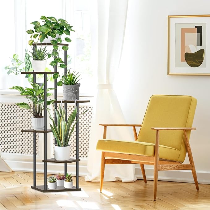 Oppro 6 Tier Plant Stand Indoor Outdoor, Tall Metal Wood Muti-Level Planter Shelf Holder, Sturdy Large Vertical Corner Orchid Flower Pot Display Rack for Narrow House Decor Office Living Room Bedroom, Oak