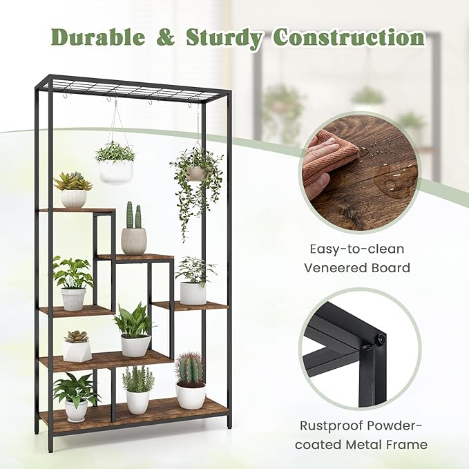 6-Tier Plant Stand Indoor, 70.9" Tall Plant Stand with 10 S Hanging Hooks, Metal Plant Shelf Corner Plant Stands for Indoor Plants, Garden, Balcony, Living Room (Brown)