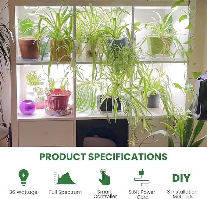 Kullsinss Under Cabinet Grow Light Strip, 36W 360LEDs Grow Lights for Indoor Plant Full Spectrum 660nm/3000K/6000K Grow Lamp with 6/12/16H Timer, 3 Spectrum Modes, 5 Brightness Levels (6 Bars/2 Pack)