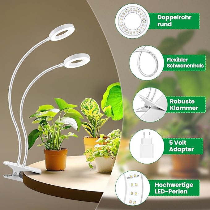 Plant Lights for Indoor Growing, 2 in 1 Halo Plant Light, 192 LEDs Full Spectrum LED Grow Lights with Clip,Plant Grow Light with 3 Light Modes,6/12/16Hrs Auto Time,5 Brightness. White 2 Pack