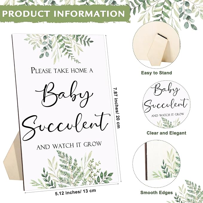 Geetery 101 Pcs Succulent Baby Shower Party Favors for Guests Include 1 Wooden Table Sign 50 Kraft Succulent Pots and 50 Tags for Baby Shower Party Gifts(Greenery)
