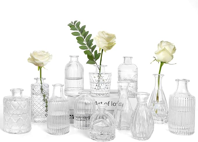 TBWIND Glass Bud Vases Set of 12, Small Vases for Centerpieces, Vintage Mini Vases for Wedding Decor, Clear Glass Bud Vase in Bulk, Office and Home Table Flower Décor