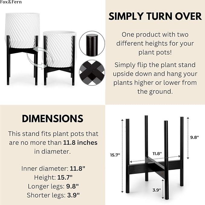 Fox & Fern Bamboo Plant Stand — 11.8 Inch Fixed Size Wooden Mid Century Plant Stand for Indoor Planters (Not Included) - Raised Flower Pot Holder for Indoor Big Pots - Plug In Design - Dark Bamboo