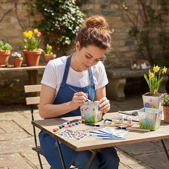 6 Sets Garden Flower Pots Crafts Kit DIY Spring Stainless Steel Pots with Acrylic Paint Stickers Brushes Plant Labels Gardening Tools Kit for Planting Crafts Spring Birthday Easter Gift