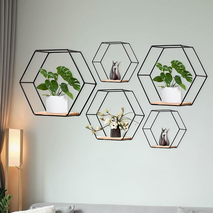 5 Pieces Hexagon Iron Wall Shelves Storage Rack Living Room Geometric Kitchen Bedroom Organizer for Mini Planter Displaying, Black