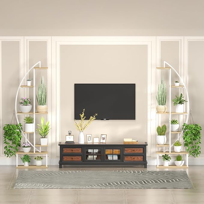 Plant Stand Shelf Indoor with 6 Grow Light, 7 Tiered 65" Tall White Large Half Moon Lighted Plant Rack Holder, 2 Pack Big High Circular Arch Multi Herb Stand with Built in LED Grow Light Set