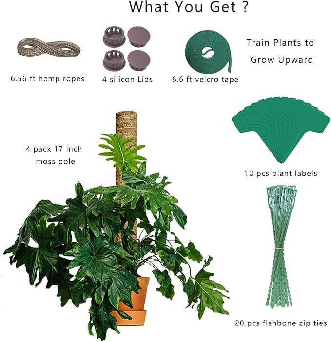 Moss Pole, 53.5 Inch Monstera Plant Support, Moss Sticks for Indoor Plants Climbing Coco Coir Pole, 4 Pack 17 Inch Stackable Moss Pole for Plants