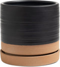 HERDUK 6 Inch Plant Pots, Ceramic Planter Pot with Drainage Hole & Saucer, Indoor/Outdoor Cylinder Round Planter Pot, Matte Black & Brown