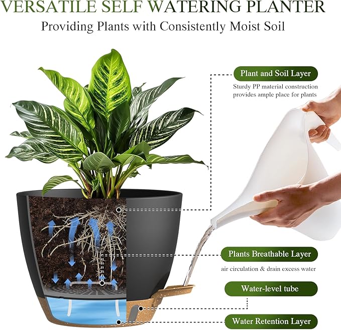Self Watering Pots with Drainage Holes, 3 Pack 12/10/8 Inch Plant Pots with Water Level Indicator Deep Reservoir, Large Plastic Planter for Indoor Outdoor Plants - Black Brown