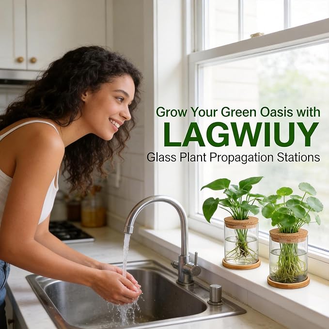 Glass Plant Propagation Stations, 2PCS Hydroponic Vases with Wooden Lid and Bamboo Stand for Plant Growing, Home & Office Decor