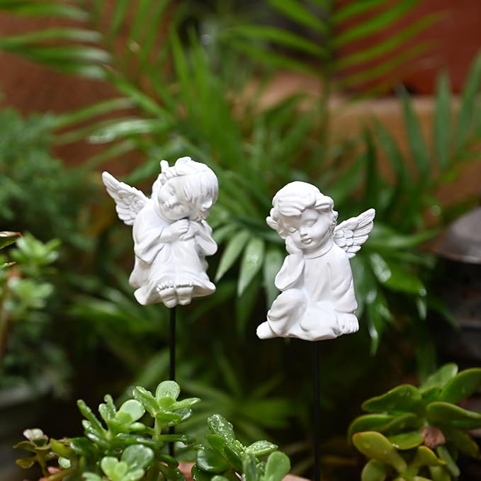 OwMell Set of 2 Decorative Angel Garden Stakes, Small Angel Fairy Garden Angel Ornaments, Cherub Angel Memorial Statue Flower Pot Decorations - Angels
