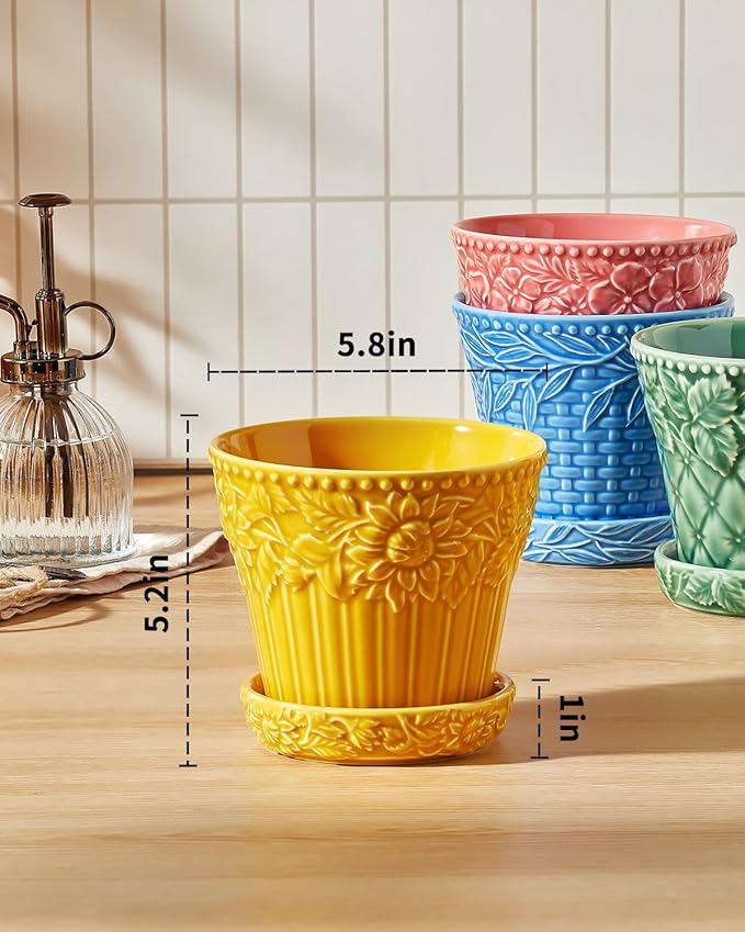 Metahom Ceramic Plant Pots, 5.8 Inch Flower Pots for Indoor Plants, Planters with Drainage Hole & Saucer, Garden Planters for Succulent, Orchid, Cactus, Home Decor, Set of 4, Assorted Colors