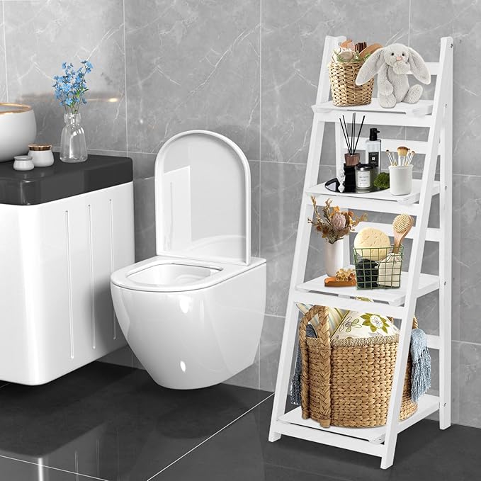 Funkeen Foldable Ladder Shelf Wood Multi Tier Plant Stand Tall Flower Pot Display Outdoor Plant Ladder Plant Holders Indoor Stand Corner Storage Bookshelf for Home Office Balcony Patio Garden White