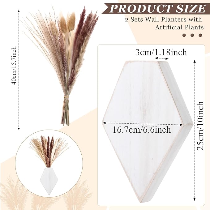 2 Pcs Bohemian Wooden Wall Planter Set with Pampas Grass Modern Farmhouse Wall Decor for Living Room, Bathroom, Bedroom, Office(White Distressed,Regular Style)