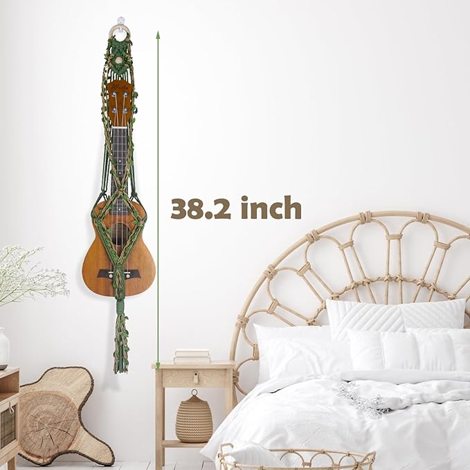 Macrame Ukulele Hanger Wall Mount - Handwoven Holder for Soprano Ukulele, Boho Wall Decor, Natural Cotton Rope with Protective Padding