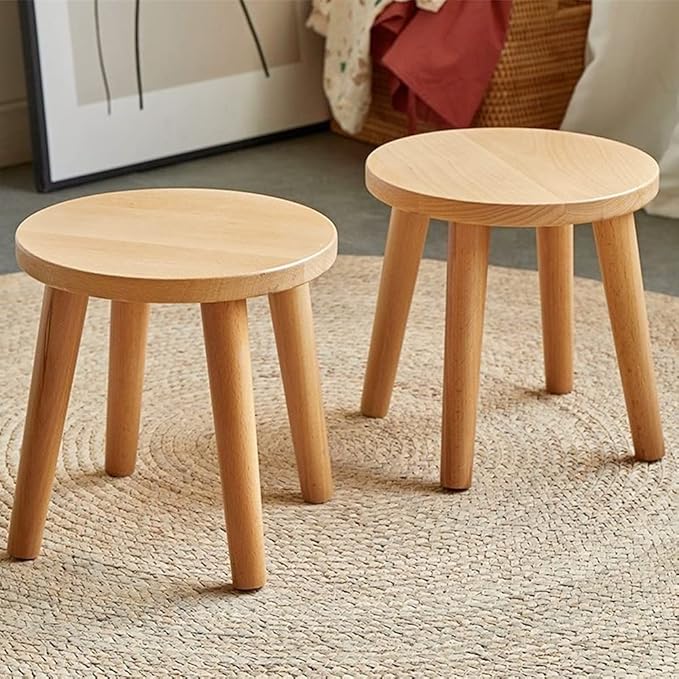 Natural Solid Wood Step Stool Plant Stand Round Footrest 10 inch Portable Detachable Legs Vanity Stool, Small