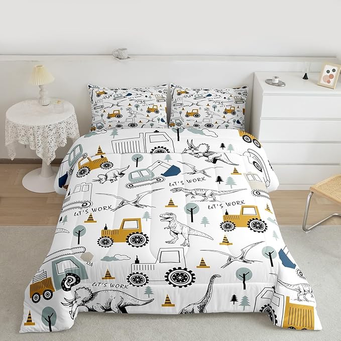 Feelyou Construction Comforter Set Twin Kids Cartoon Car Excavator Tractor Toddler Comforter Equipment Trucks Dinosaur Comforter Set Construction Vehicles White Yellow Duvet Set with 1 Pillow Case