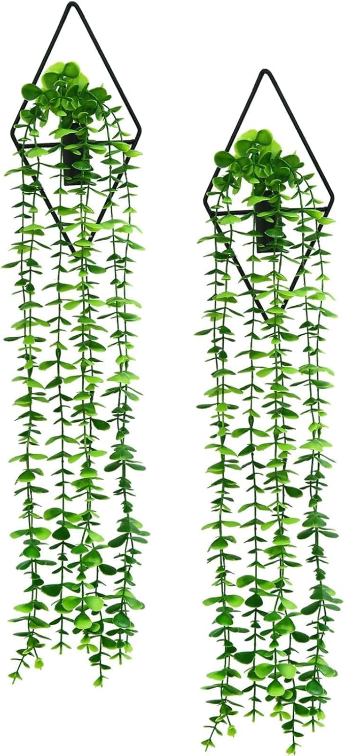 GREENTIME 2 Pack Fake Succulent Plants Hanging Artificial Ivy Vine with Black Diamond Metal Hanging Vase Faux Hanging Eucalyptus for Teacher Appreciation Living Room Bedroom Boho Kitche Wall Shelf