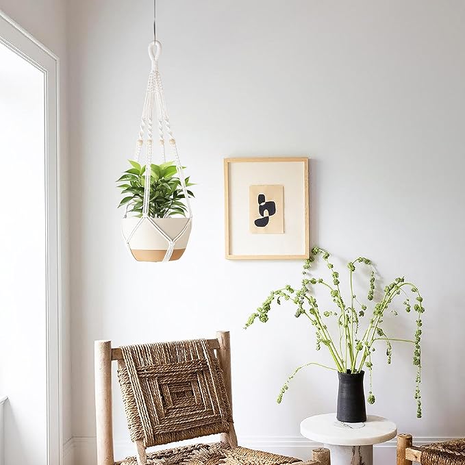 35 Inch Macrame Plant Hanger Indoor with Wood Beads and No Tassels,Strong Hanging Planter Flower Pot Holder for Indoor Outdoor Boho Home Decor,Set of 2,Ivory(Pots Not Included)