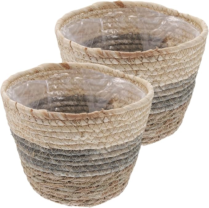 Healeved 2PCS Seagrass Plant Basket with Liner for Indoor Plants Rattan Pots 6inch Weaving Straw Planter Baskets Wicker Small Rustic Decorative Flower Pots for Desktop