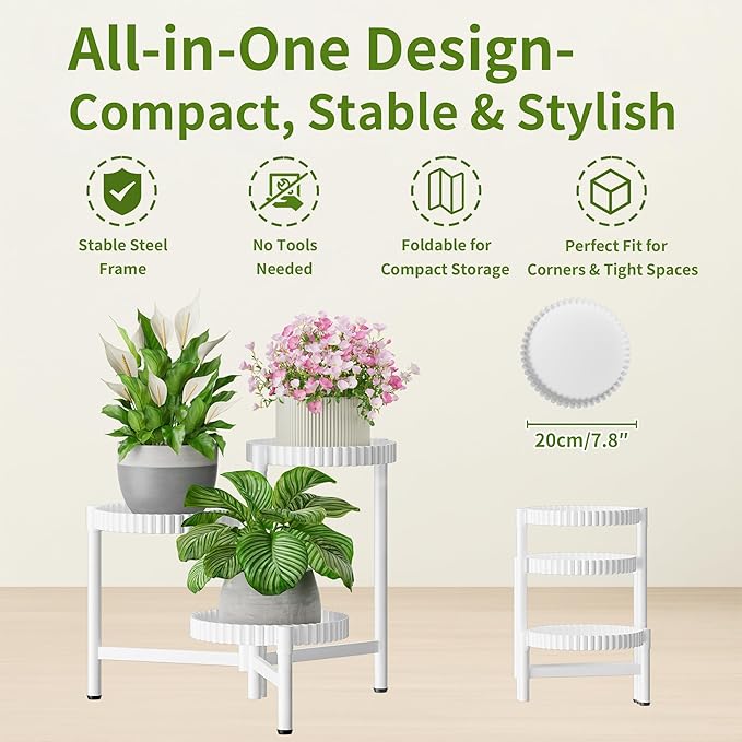 3 Tiered Tall Plant Stand Indoor Outdoor, Metral Flodable Plant Stand for Corner Display Rack Shelf, Multi-Tier Folding Planter Pot Holder Flower Stand for Living Room Balcony Garden Patio - WhiteFloroma