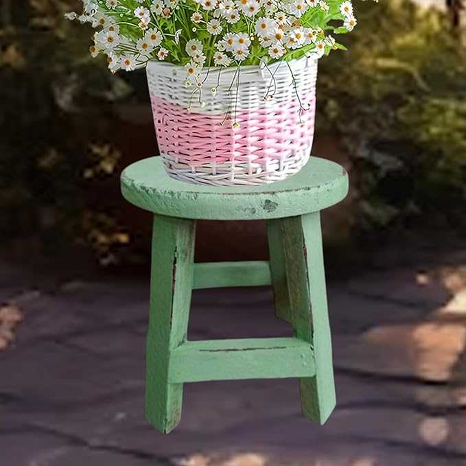 Wooden Stool Plant Stand Flowerpot Rack Round Rustic Small Display Stand Flower Shelf for Garden Office Table Home Decoration, Green