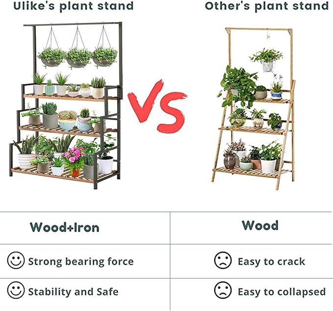 ULIKE 3-Tier Plant Stand with Hanging Bar for Indoor Outdoor Patio, Carbonized Pine Wood and Metal Frame Display Shelf, 52 Inch Tall Vertical Plant Rack for Balcony Garden Living Room