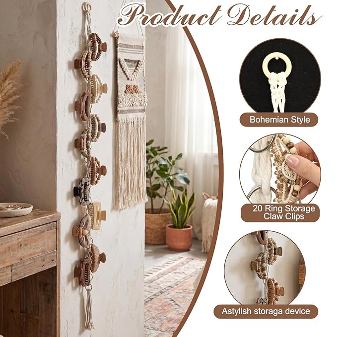Thenshop 2 Pcs Macrame Hair Claw Clip Organizer with Rotating Wood Hook 20 Metal Rings Hanging Hair Clip Holder for Women Girl Boho Claw Clips Storage Decor for Home Wall Door Closet