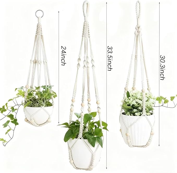 3 Pack Hanging Planters, Macrame Boho Plant Holder for Indoor Outdoor Plants, Plant Hangers with 3 Hooks for Garden Patio Home Decor