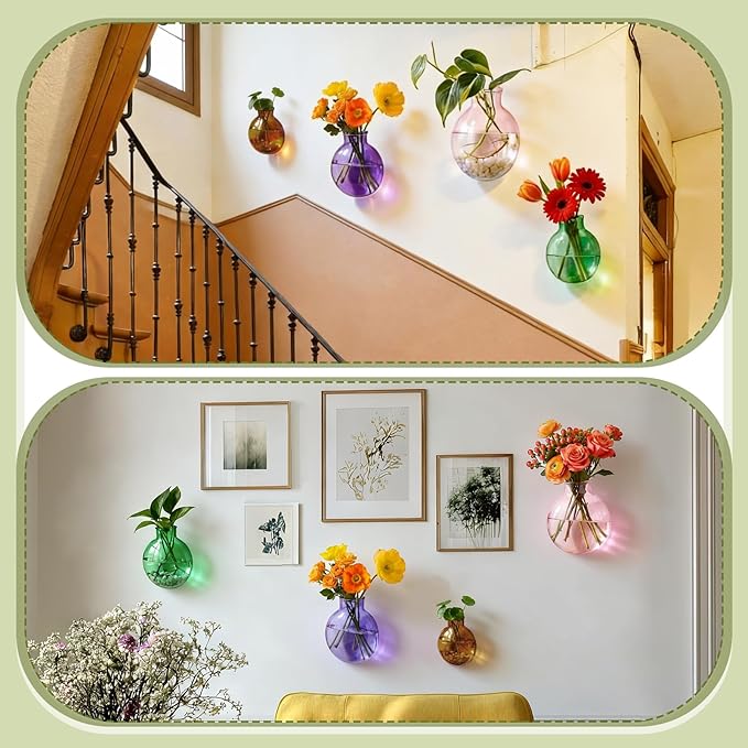 4 Pcs Stained Glass Hanging Vase 2-4 Inch Hanging Glass Plant Propagation Station Small Plant Terrarium Pot Containers with Rope for Hydroponics Planter Garden Home Indoor Outdoor Decor, 4 Sizes