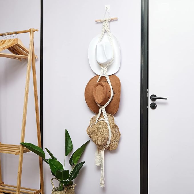Yulejo Macrame Hat Hangers Boho Hat Rack for Wall Western Cowboy Hanging Organizer for Door Wall Room Bedroom