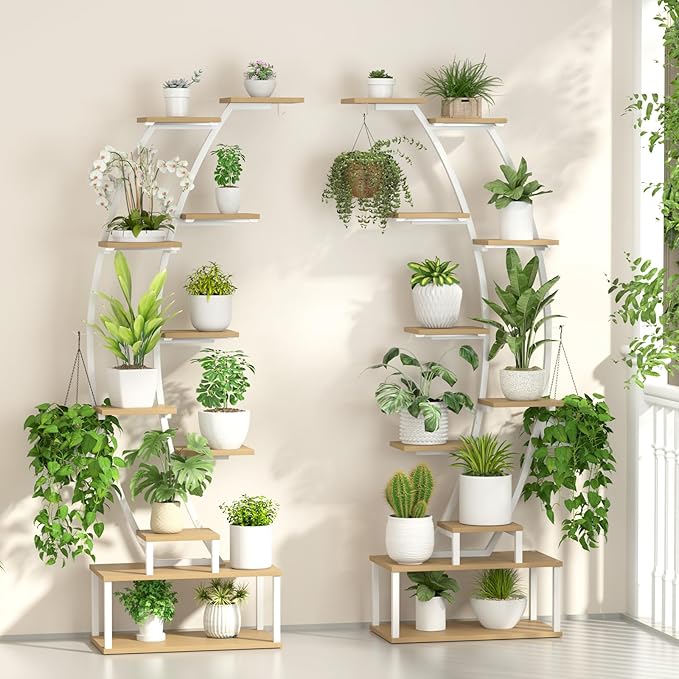 Plant Stand Shelf Indoor with 8 Grow Light, 10 Tiered 65" Tall White Large Half Moon Lighted Plant Rack Holder, 2 Pack Big High Circular Arch Multi Herb Stand with Built in LED Grow Light Set