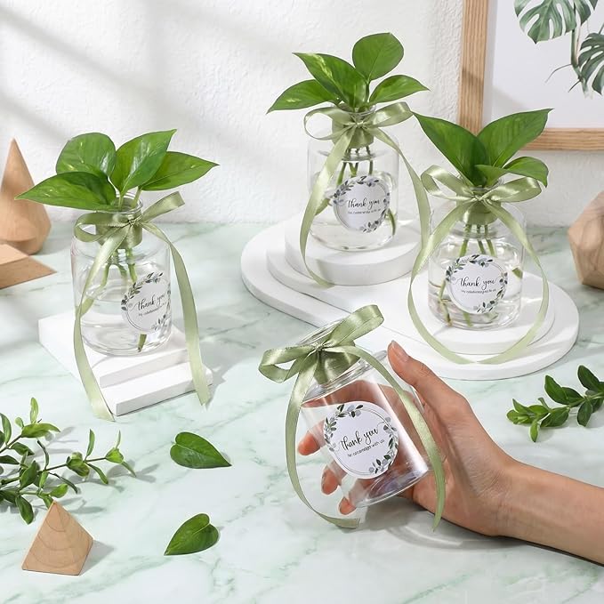 30 Set 4.33'' Plastic Plant Propagation Stations Gifts Bulk 4oz Plant Propagation Jars Planter Vase with Thank You Tags and Ribbons for Guests Wedding Bridal Shower(Green Leaves)